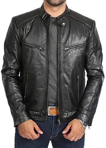 Black Leather Biker Jacket for Men's Fashion