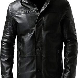 Men's Casual Black Genuine Leather Jacket in Cafe Style