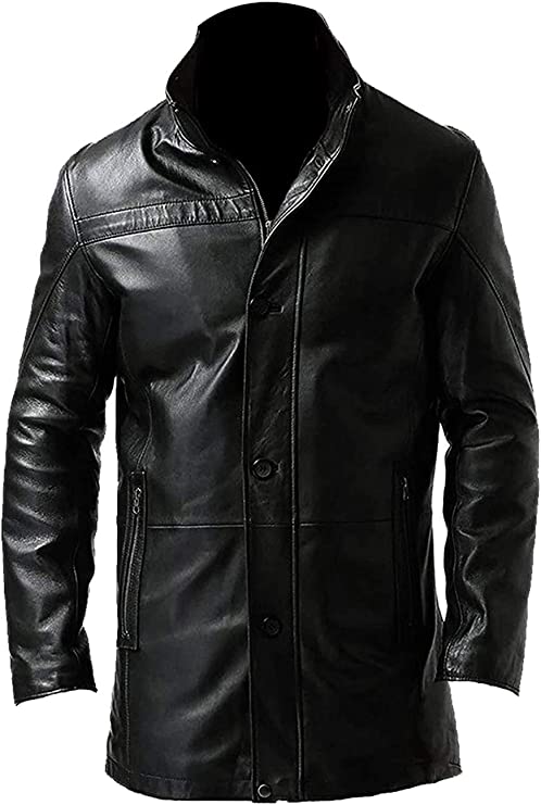Men's Casual Black Genuine Leather Jacket in Cafe Style