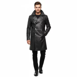 Full front view of a man wearing a sophisticated black leather great coat with a double-breasted button closure and a wide lapel collar, against a white background.