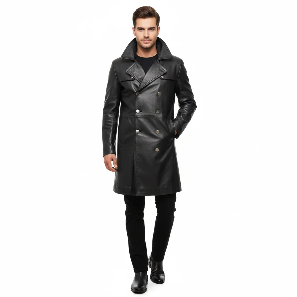 Full front view of a man wearing a sophisticated black leather great coat with a double-breasted button closure and a wide lapel collar, against a white background.