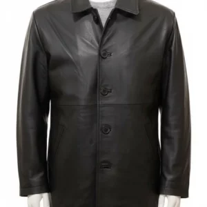 Full front view of a Men's Black Leather Peacoat, Bursdon style, displayed on a mannequin against a white background. The coat features a classic collar and front button closure.