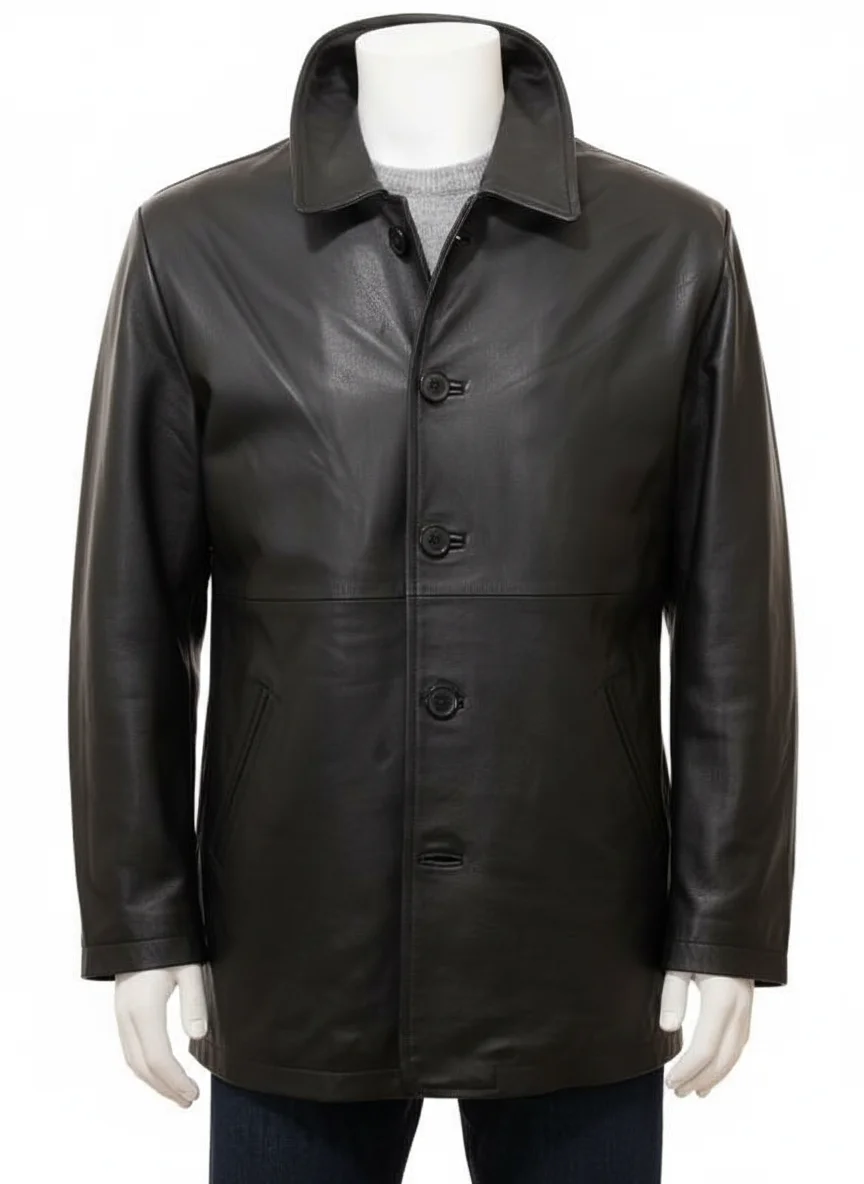Full front view of a Men's Black Leather Peacoat, Bursdon style, displayed on a mannequin against a white background. The coat features a classic collar and front button closure.