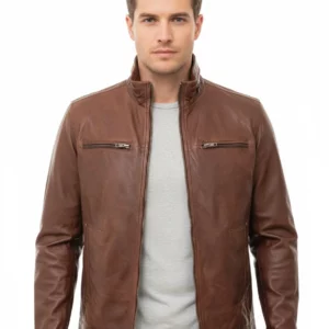 Front view of a man wearing a brown biker leather jacket with a high funnel neck collar and prominent chest zippers, against a white background.