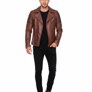 Full front view of a man wearing a stylish distressed brown genuine sheepskin Brando biker leather jacket with an asymmetrical zipper, classic lapel collar, and quilted shoulder panels, against a white background.