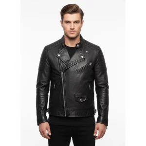 Front view of a man wearing a black genuine sheepskin leather biker jacket with a short collar and an asymmetrical zip closure.