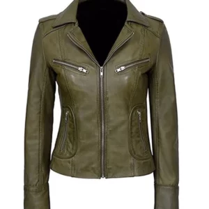 Biker Leather Jacket – Women’s Classic Olive Green for Timeless Style