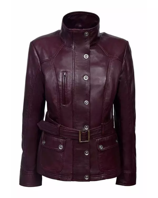 Sleek and Stylish: Women's Military Style Cherry Plum Slim Fit Leather Jacket