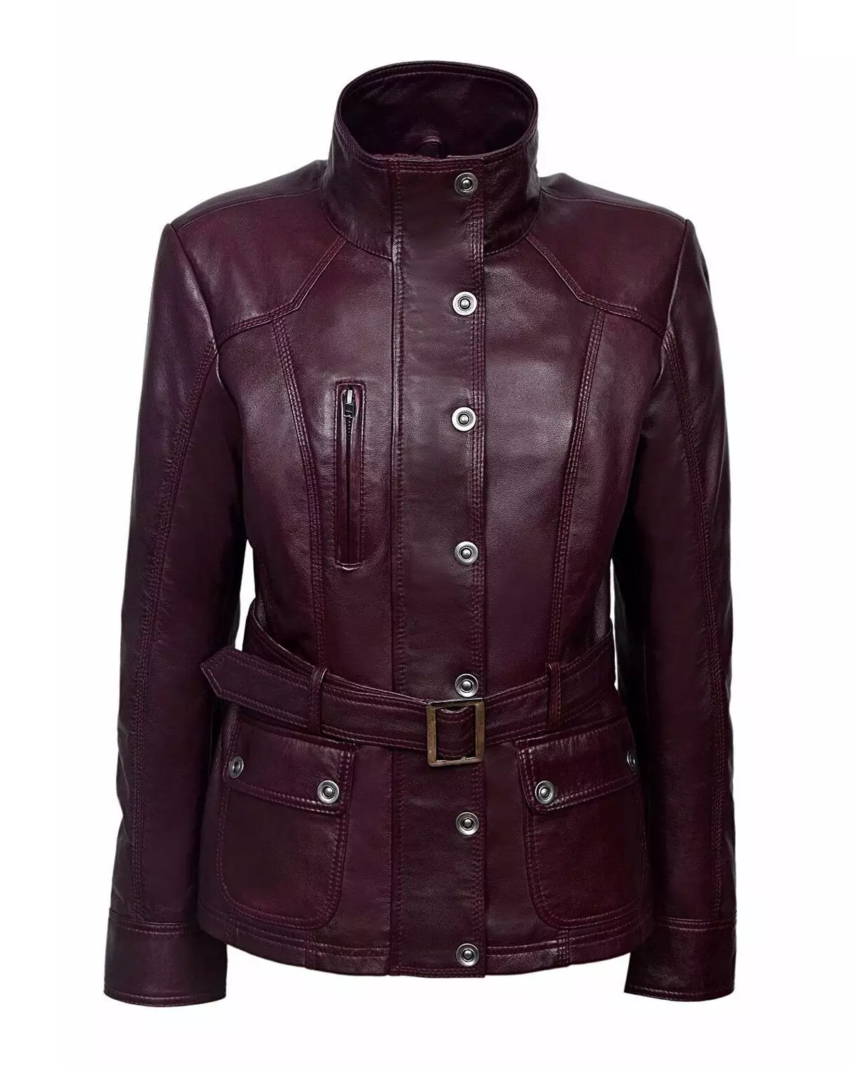 Sleek and Stylish: Women's Military Style Cherry Plum Slim Fit Leather Jacket