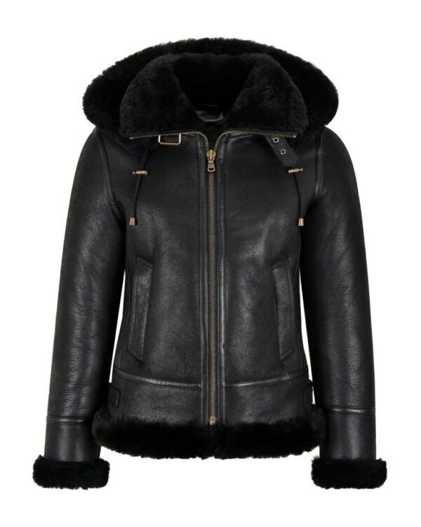 B3 Bomber Hooded Classic Black Shearling Leather Jacket for Women