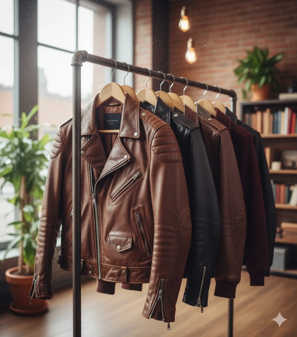 A rack displaying a collection of stylish men's leather jackets in various colors like brown, black, and burgundy