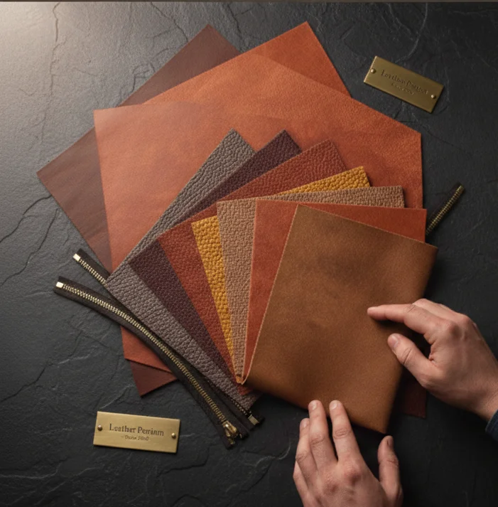 Various shades of high-quality natural leather swatches and YKK zippers, held by hands, on a dark textured background