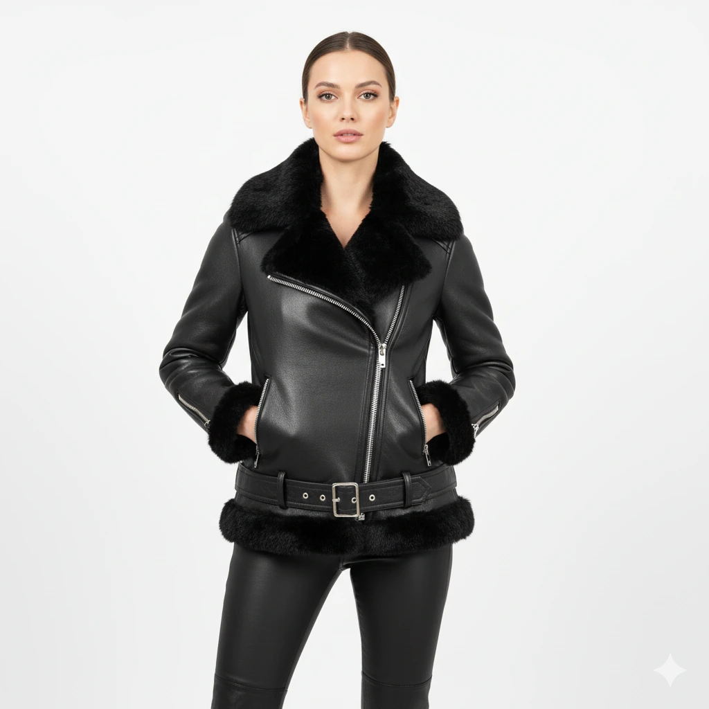 Full-body Women's Black Biker Aviator Jacket with Fur Collar - Genuine Leather