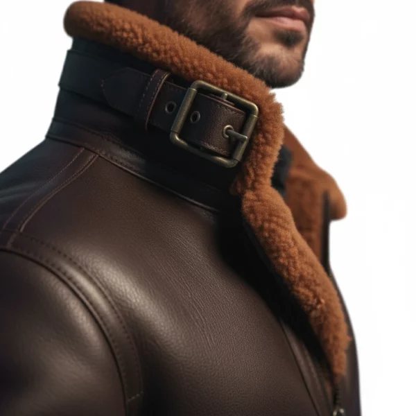 Detailed view of collar straps and metal buckle on RAF B3 shearling jacket