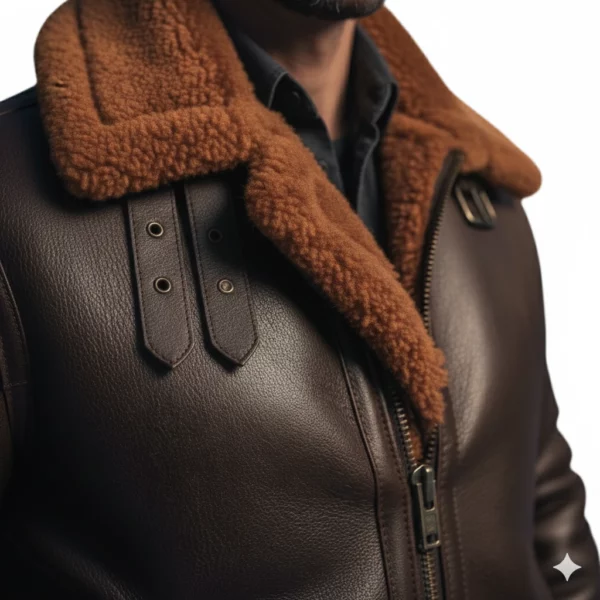 Adjustable buckled collar detail on B3 Aviator Bomber Jacket