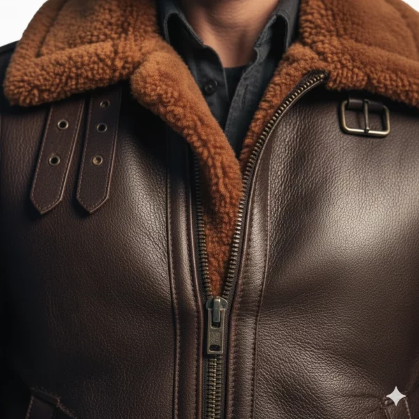 Close up of real shearling fur lining and genuine sheepskin leather texture